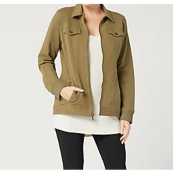 Denim & Co. Regular Comfy Knit Denim Zip Front Jacket True Olive Size Small - Picture 1 of 3
